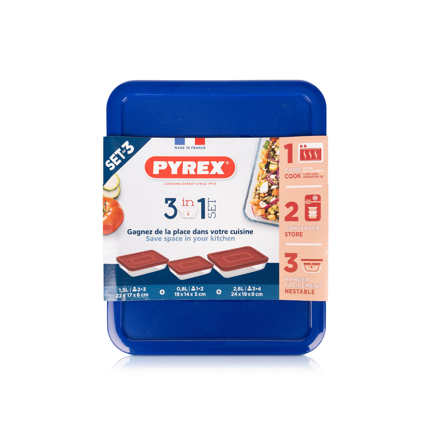 Pyrex Cook and Store Dishes Rectangular 3 Pack Blue 0.8 litre, 1.5 litre & 2.6 litre