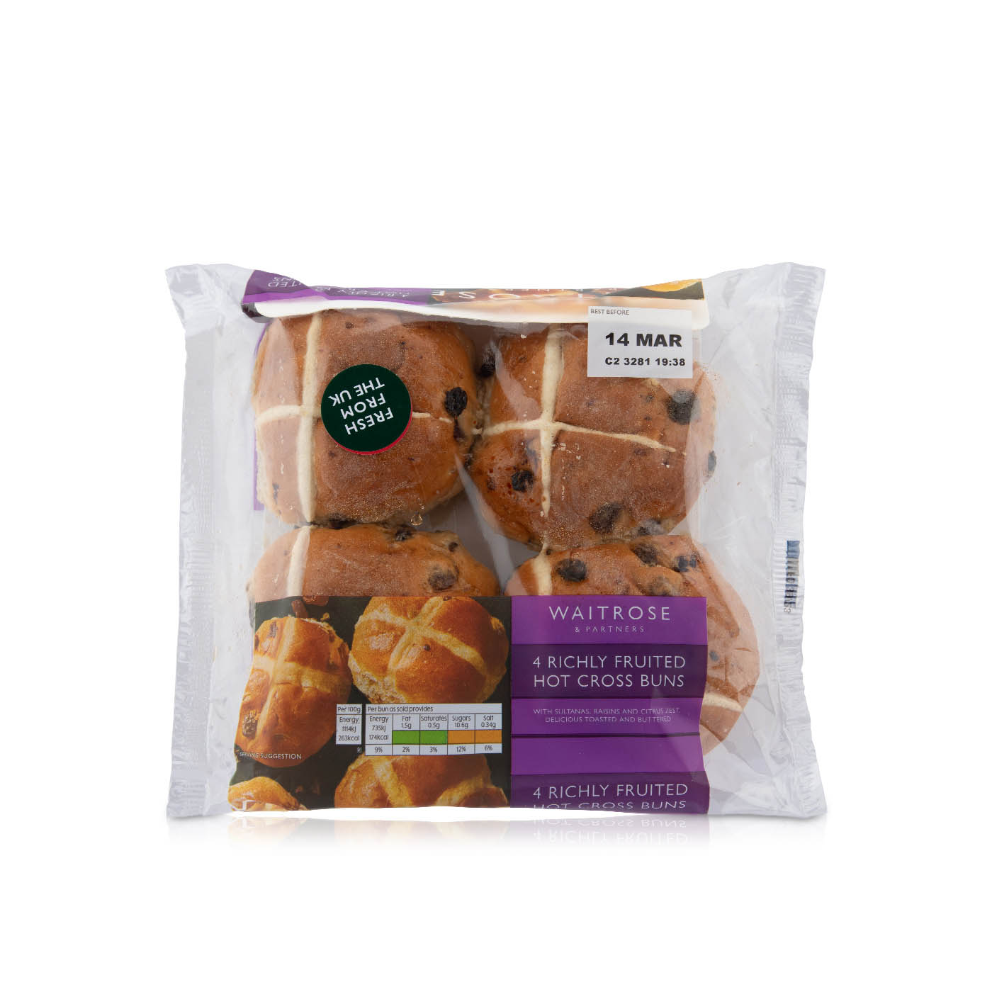 Waitrose Richly Fruited Hot Cross Buns 4 Pack 260g - Spinneys UAE