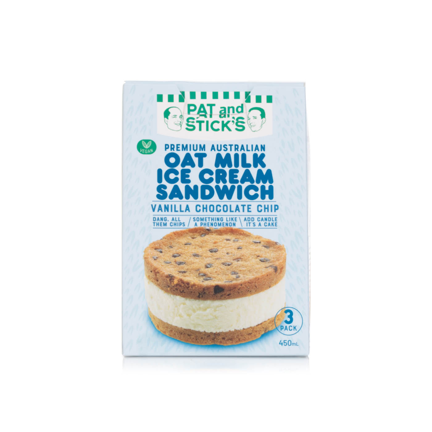Pat And Sticks Vanilla Chocolate Chip Oat Milk Ice Cream Sandwich 3 Pack 450Ml