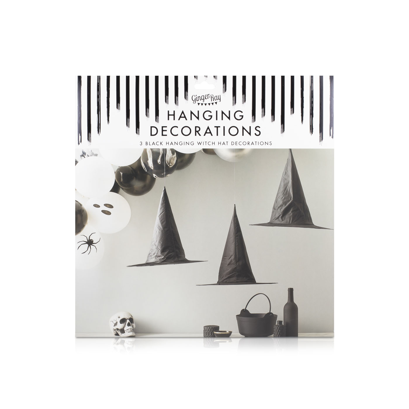 Ginger Ray 3 Black Hanging Witch Hat Decorations