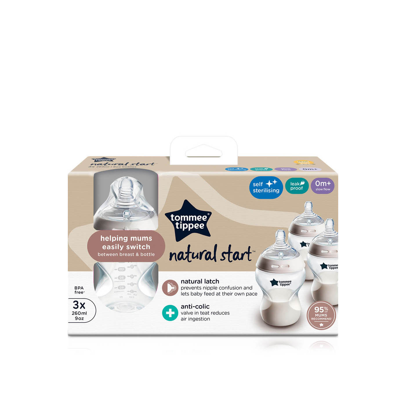 Tommee Tippee Natural Start Anti-Colic Baby Bottle 0m+ 260ml x 3