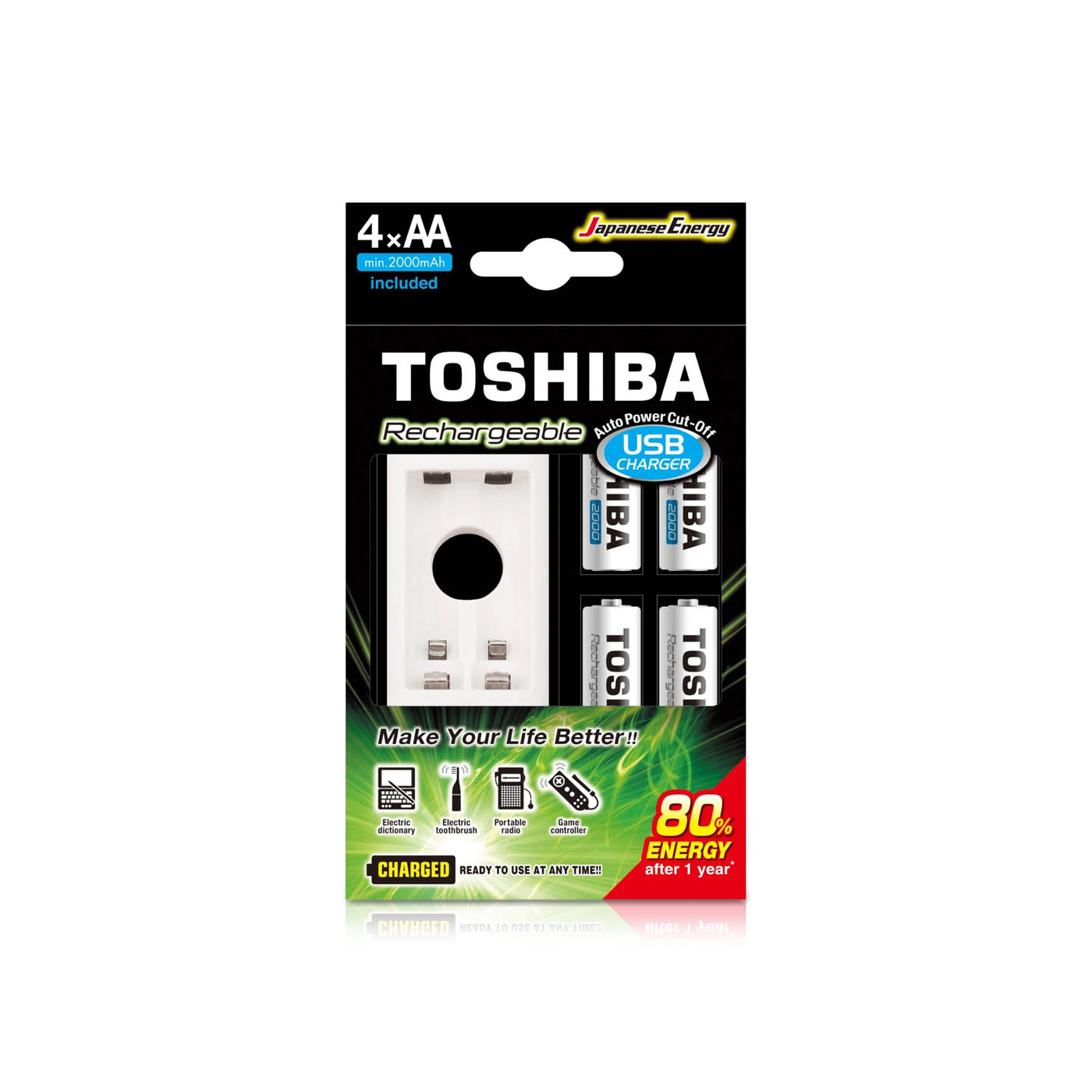 Toshiba USB Charger with Rechargeable Batteries AA 2000mAh x 4