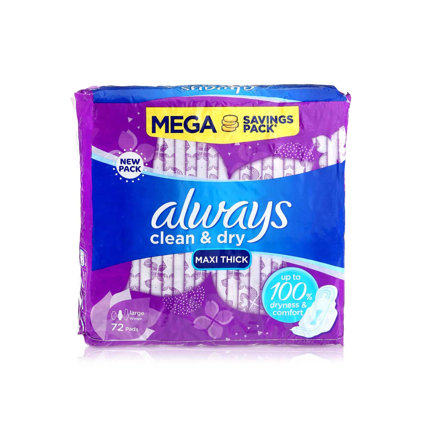 Always Clean & Dry Maxi Thick Sanitary Pads with Wings x 72