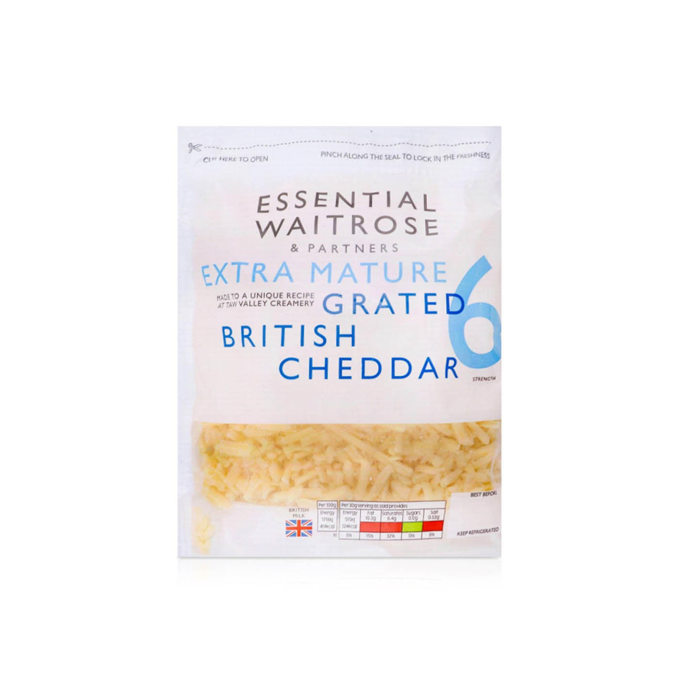 Waitrose Essential Extra Mature Grated British Cheddar Strength 6 250g