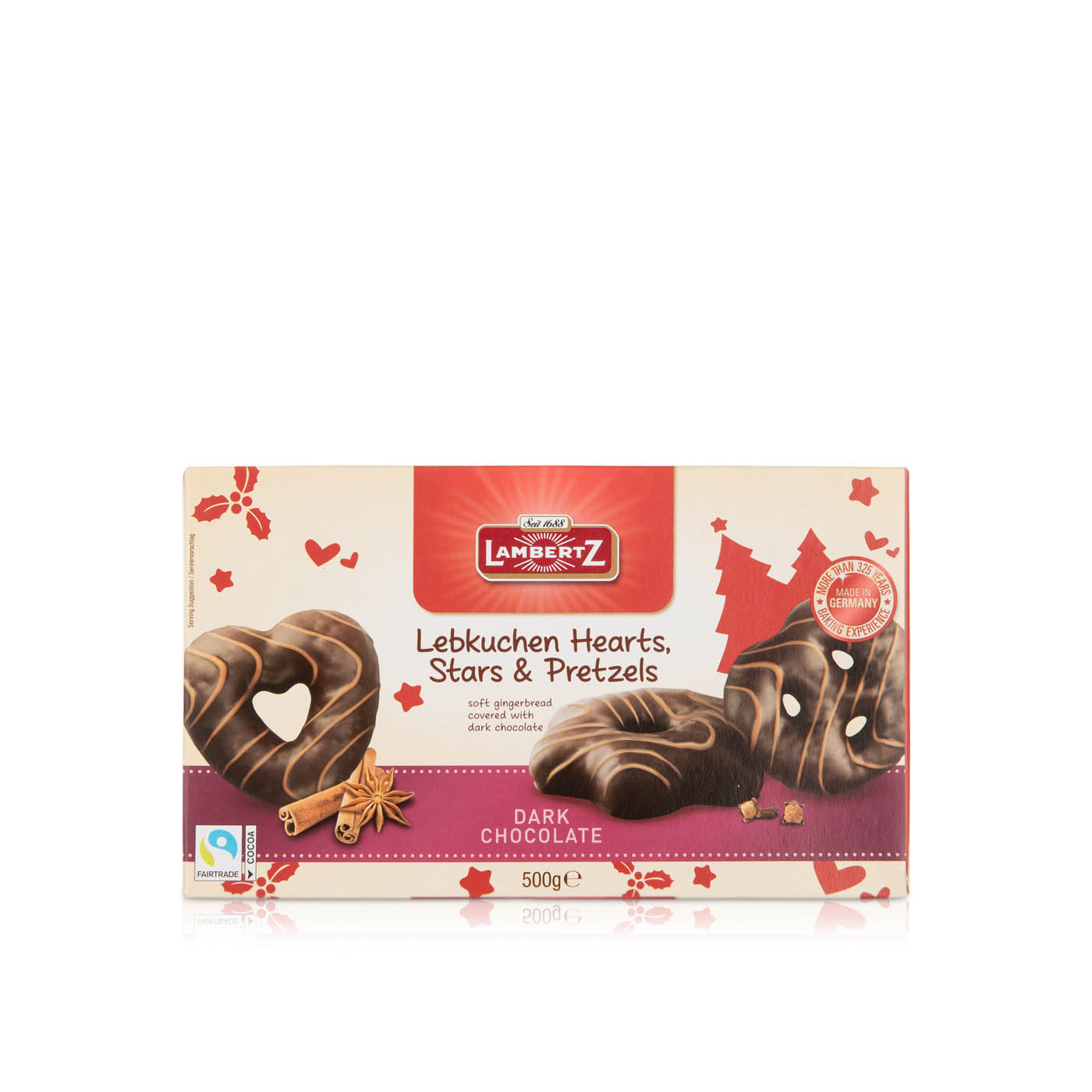 Lambertz Dark Lebkuchen Hearts Stars and Pretzels 500g