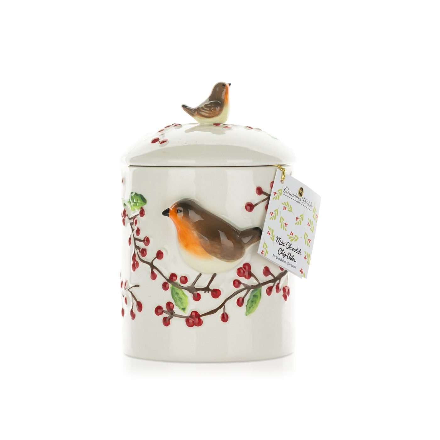 Grandma Wild's Robin & Berries Ceramic Jar with Chocolate Chip Cookies Biscuit Tin 150g