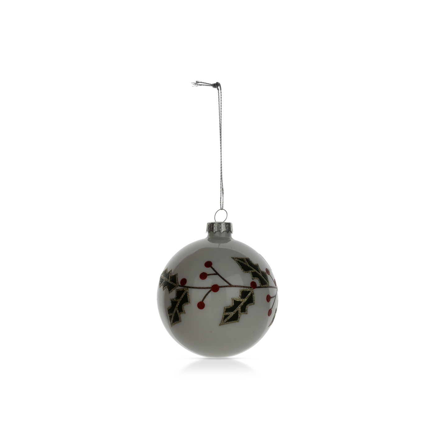 Festive White Ball Holly Design Ornament 8cm