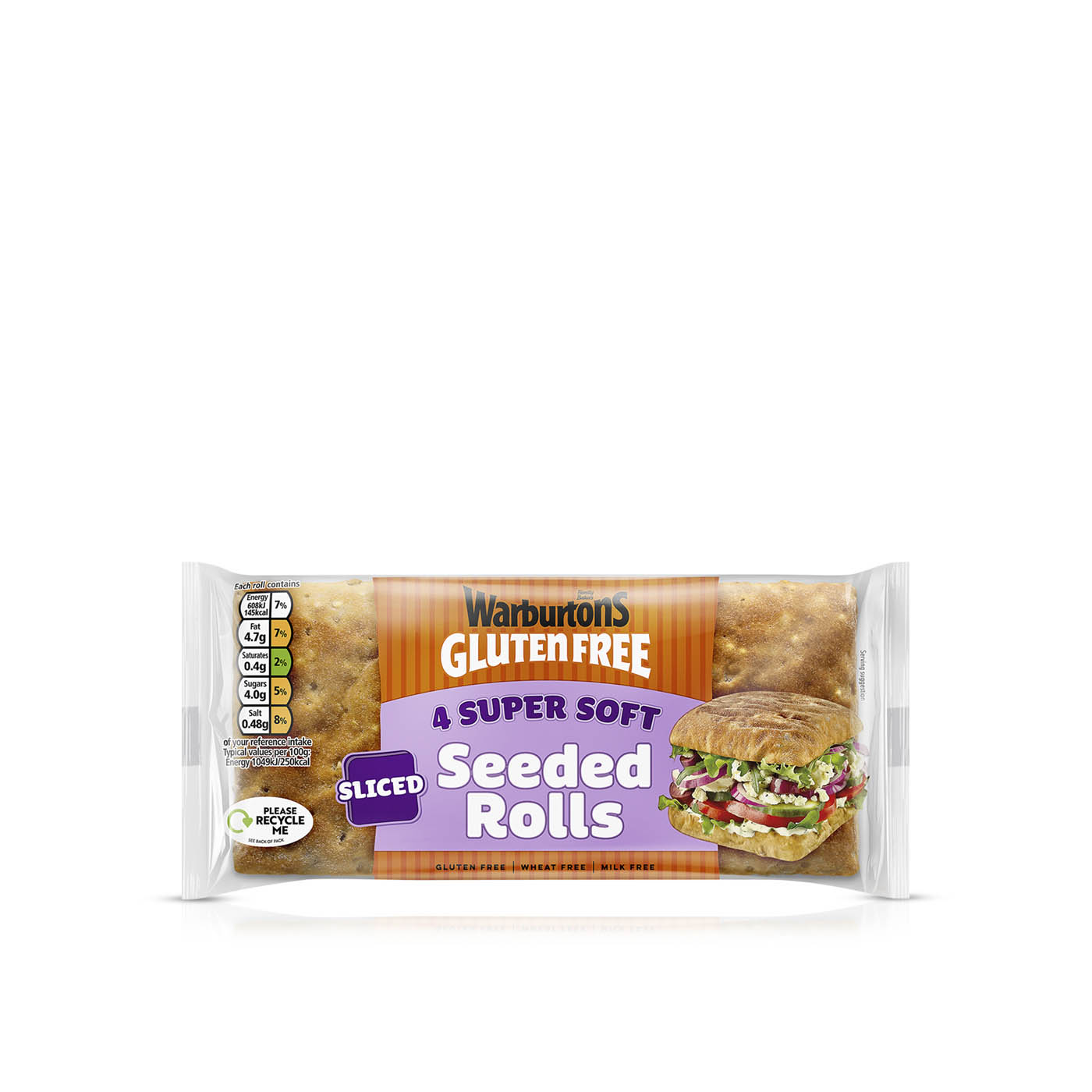 Warburtons Gluten Free Super Soft Sliced Seeded Rolls x4