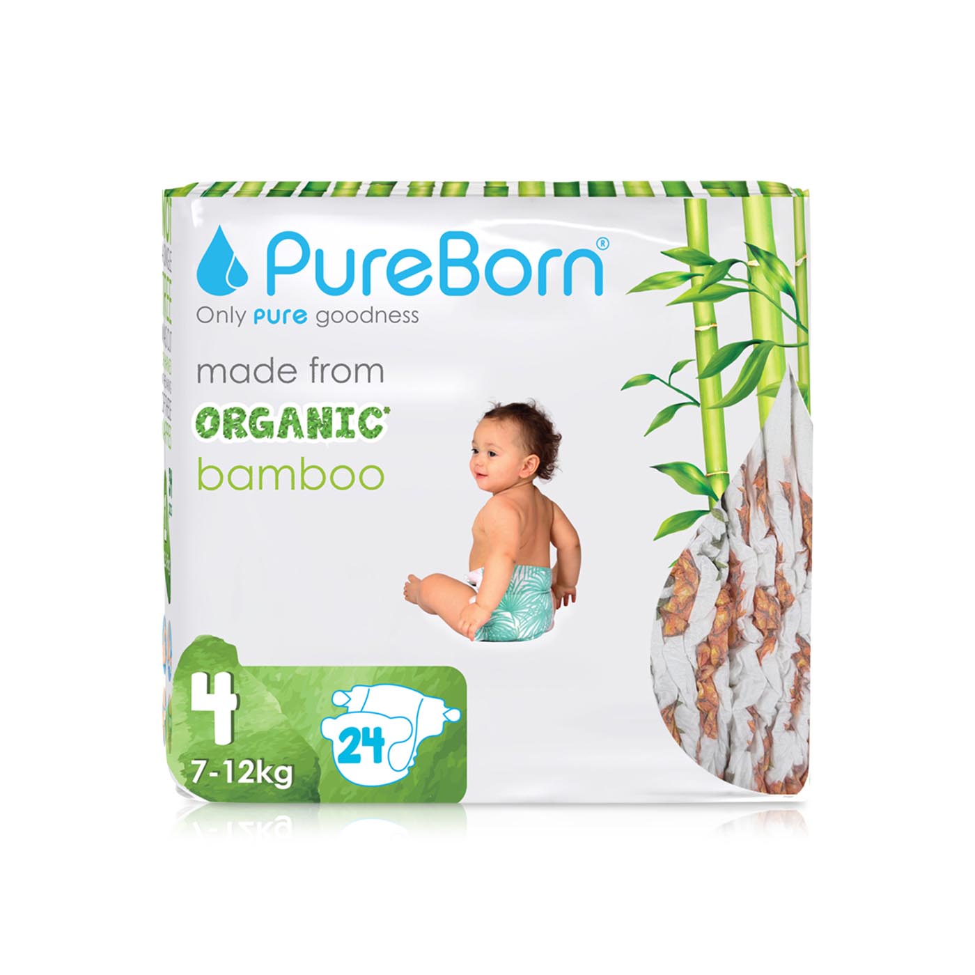PureBorn Nappies Organic Bamboo Size L-4 (7-12 kg) x24