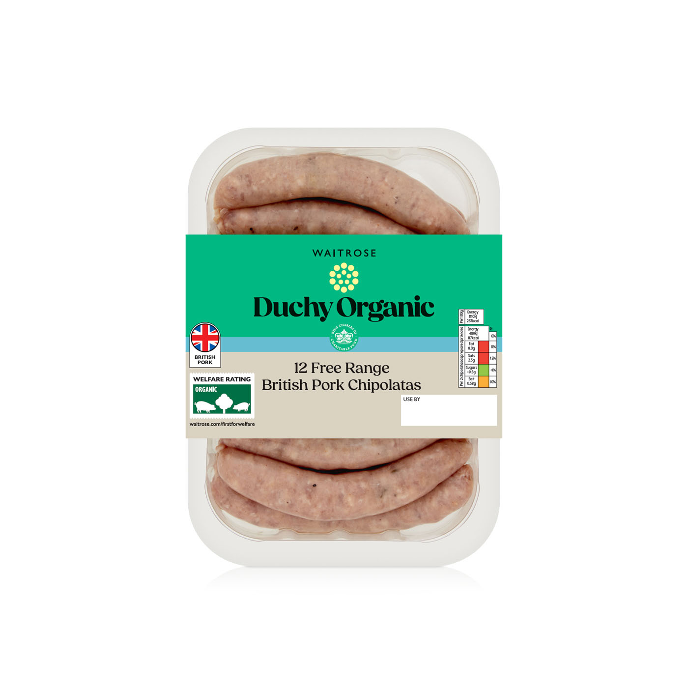 Waitrose Duchy Organic Free Range British Pork Chipolatas x 12 340g