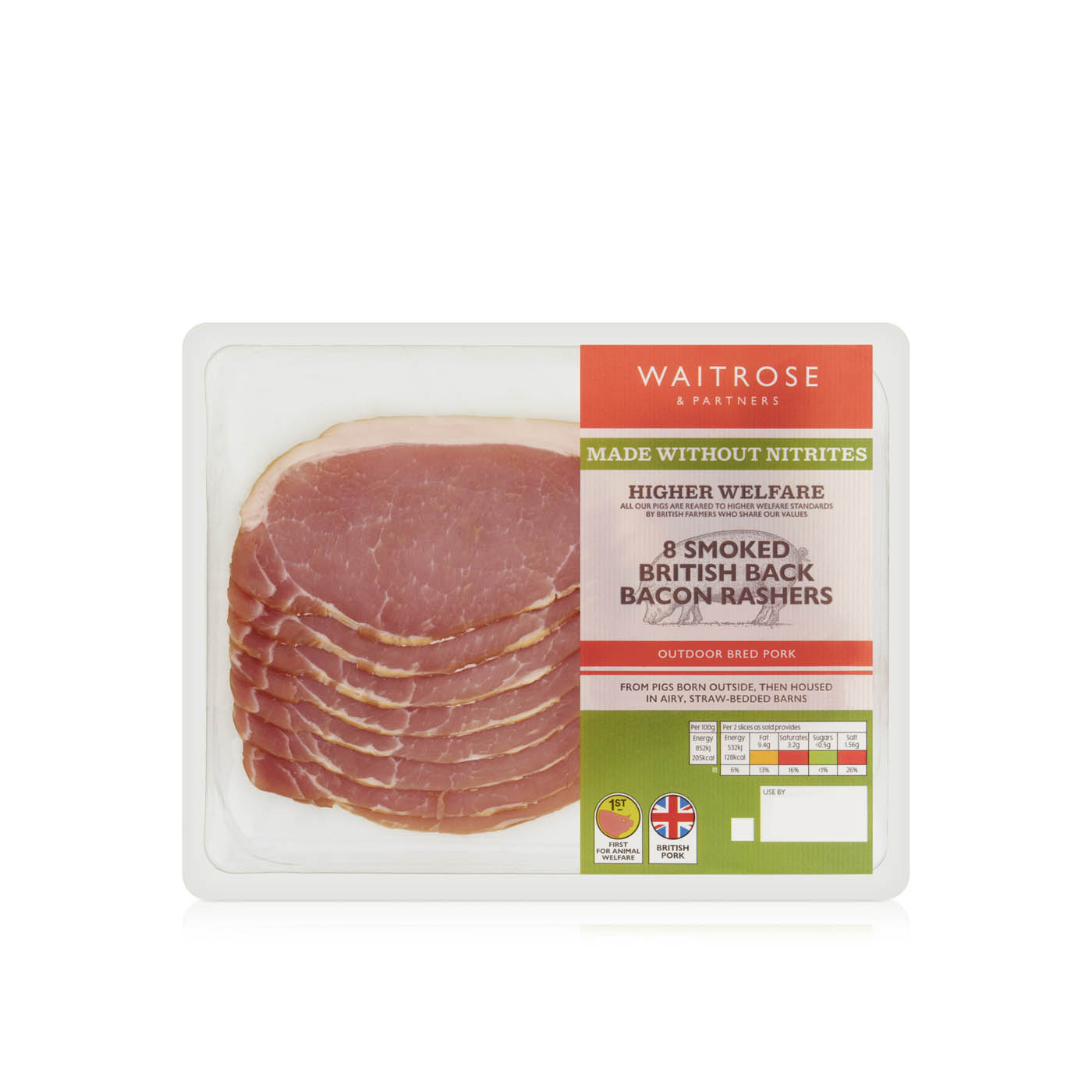 Waitrose Smoked British Back Bacon Rashers x 8 250g