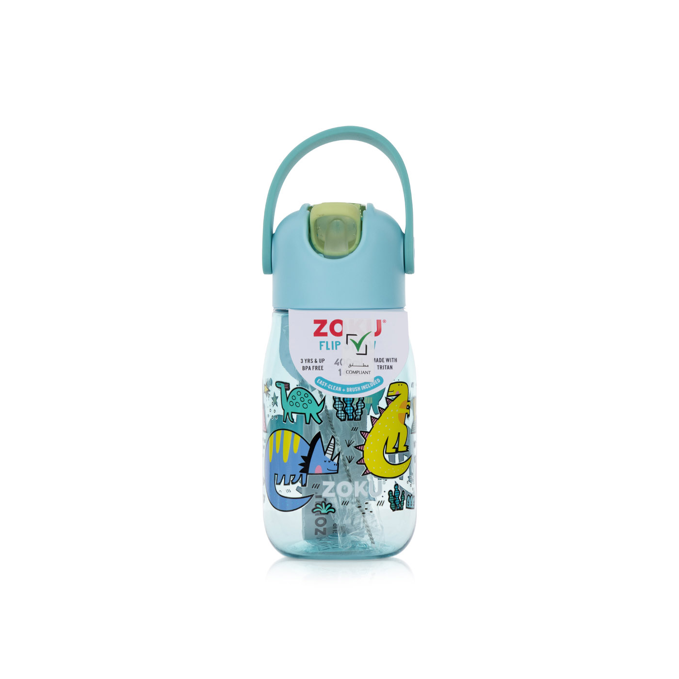 Zoku Flip Straw Bottle Teal Dino 400ml