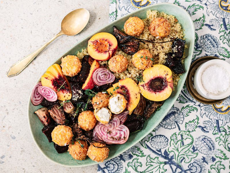 Roasted beetroot and bulgur salad with za'atar goat's cheese balls