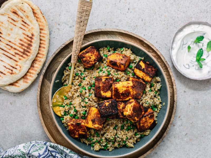 Spiced paneer and freekeh salad