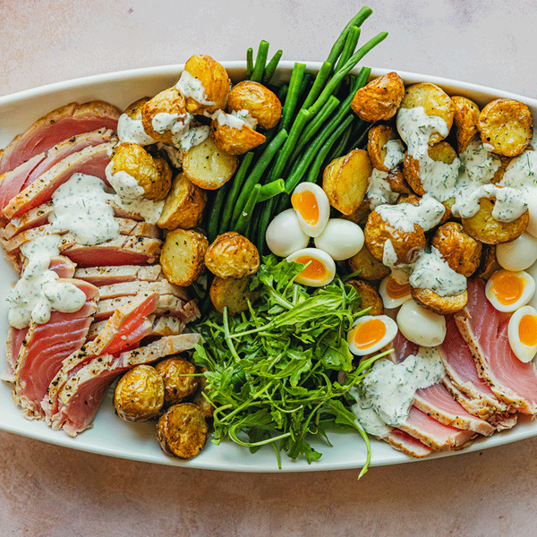 Seared tuna and roasted potato salad with quail eggs