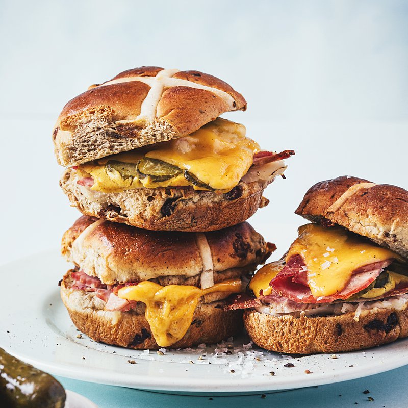 Toasted hot cross bun Reuben sandwiches