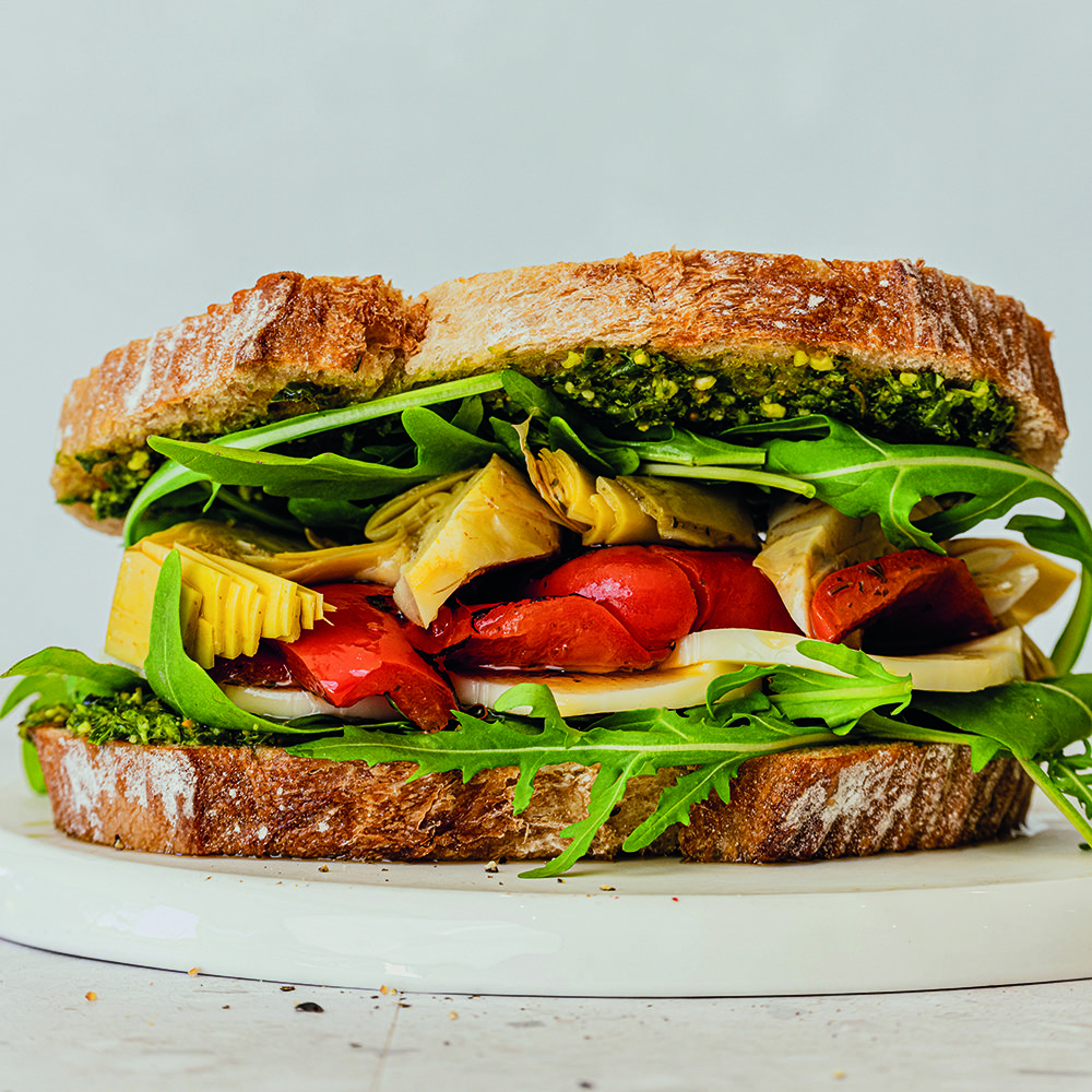 Roasted vegetable and vegan mozzarella sandwich